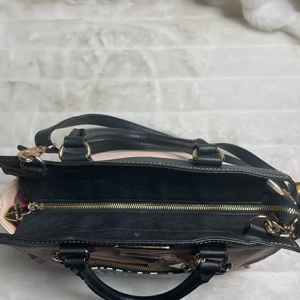 Betsey Johnson vegan leather pink & beige with black & white pocket,black straps